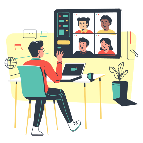 Person video conferencing with colleagues.